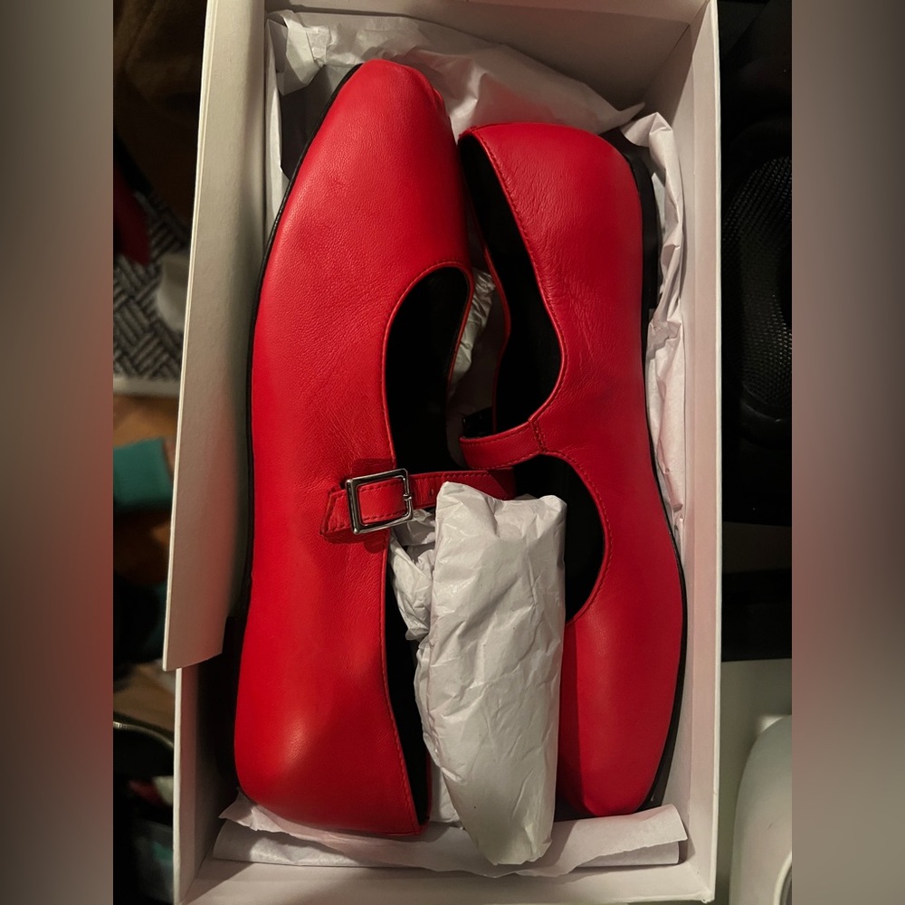 Leather pleated Red Mary Janes Women's Shoes